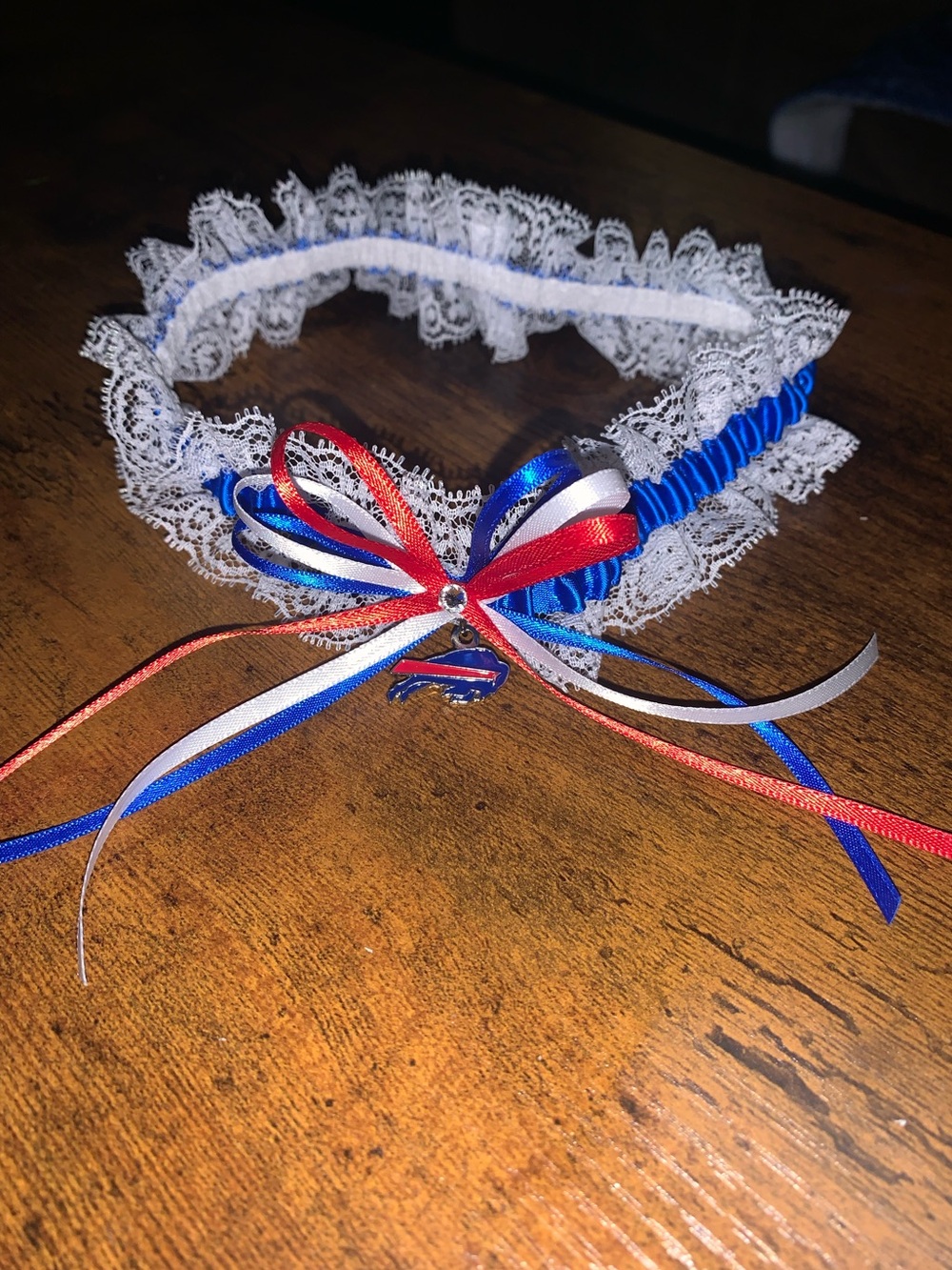Blue and White Lace Garter with Red, White & Blue Bow